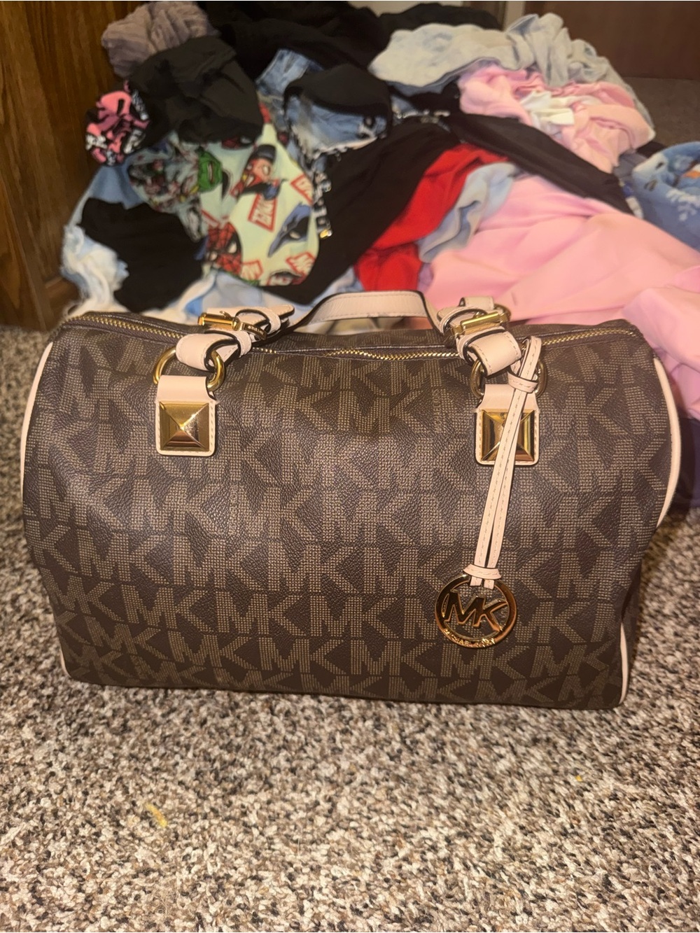Michael Kors Brown Monogram Satchel with Tan Trim and Gold Hardware